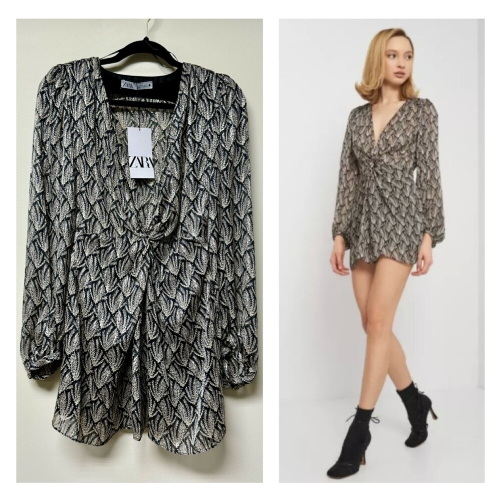 NWT ZARA Black/Gray/Silver Metallic Knotted Front Mini Dress, Sz S